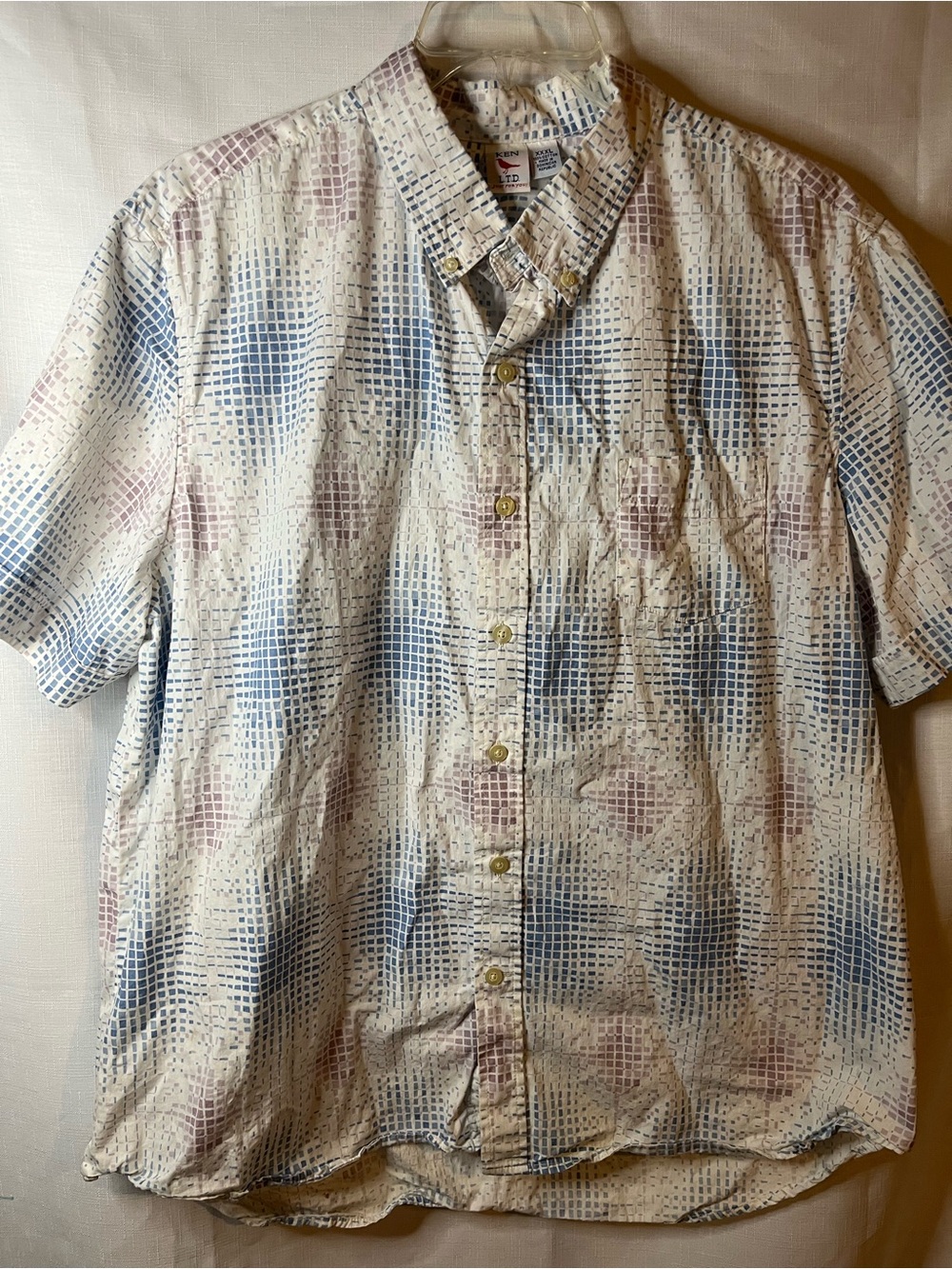 Casual Short-Sleeve Button-Down Shirt in Cream with Blue & Brown Grid